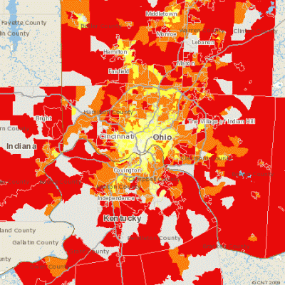the Cincinnati map shows high per-household emissions in outlying areas