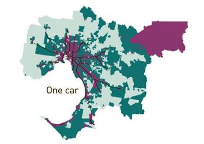 map showing that low rates of car ownership track transit lines