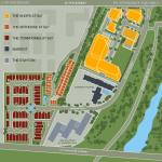 This image shows the site plan for the SoSeven mixed-use development currently under construction in the Cultural District of Fort Worth.  SoSeven combines 130,000 square feet of ground-level retail space with 72 upper-floor lofts, upper-floor office space, 59 Palladian townhomes, 65 modern condos, a Residence Inn hotel, and The Stayton at Museum Way high-rise retirement condo development.