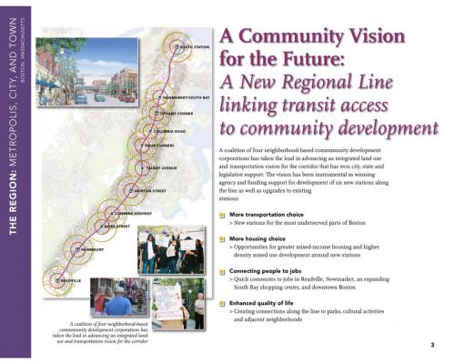 A collaborative planning team formed by four community development corporations created a vision for new, urban villages on vacant, underutilized and brownfield sites along Boston’s most underused commuter rail line -- a 10-mile transportation corridor stretching from downtown to the suburbs. The neighborhoods affected by the plan have some of the city’s highest poverty levels, the greatest dependence on public transportation, and the worst access to transit service. The plan calls for an enhanced rail line with new stations that will allow for higher-density affordable housing, better access to jobs, and for a greenway linking parks and recreational destinations.