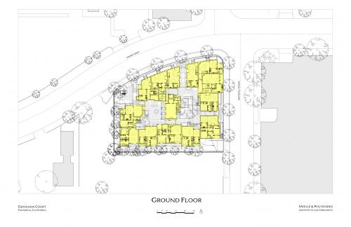 By request, here's the ground-floor site plan for Granada Court. The development features 31 units on about .6 of an acre. It faces Union Street and Oak Knoll Avenue and backs onto a small surface parking lot serving Colorado Boulevard retailers such as Vroman's independent bookstore. 