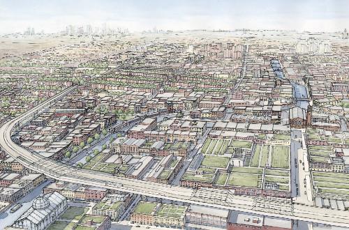 A birds eye view of the proposed plan, showing green roofs, the river, and many densely packed mid-rise brick buildings.