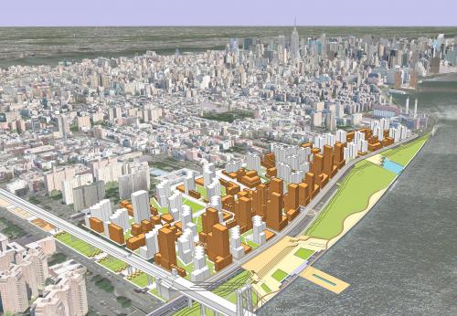 Birds eye rendering of the revitalization project proposal for the lower east side of Manhattan