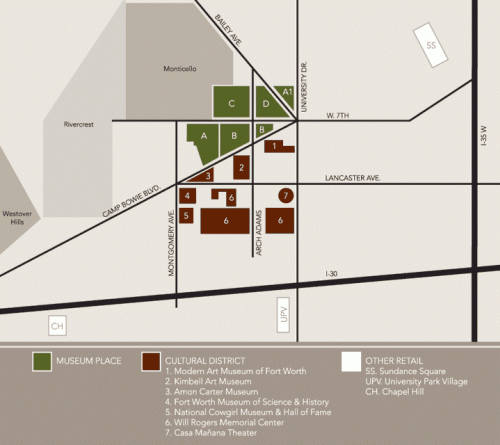 Locator map for 11-acre Museum Place mixed-use development in Fort Worth's Cultural District.