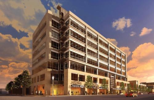 A rendering of the primary office component of the West 7th mixed-use development in Fort Worth's Cultural District.  One West 7th features six floors of office space with balconies and terraces over ground-level retail.